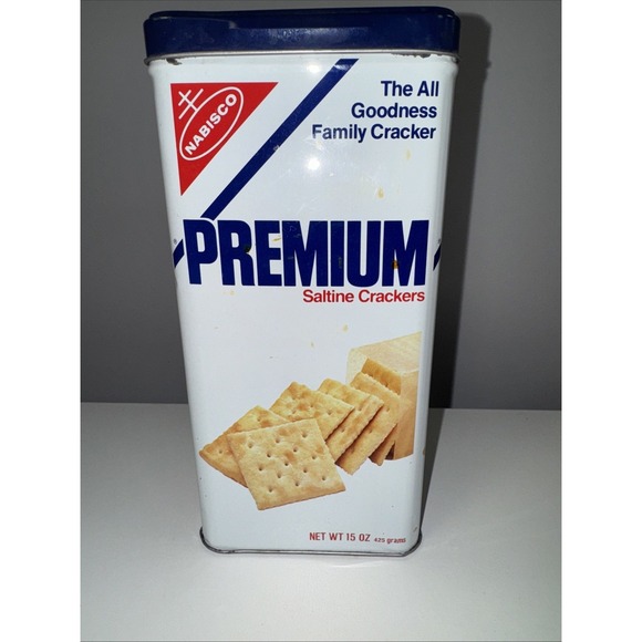 Premium Saltines Cracker Tin Box Other - VTG Nabisco Premium Saltine Crackers 15oz. Tin Canister Dark Blue Lid 1978